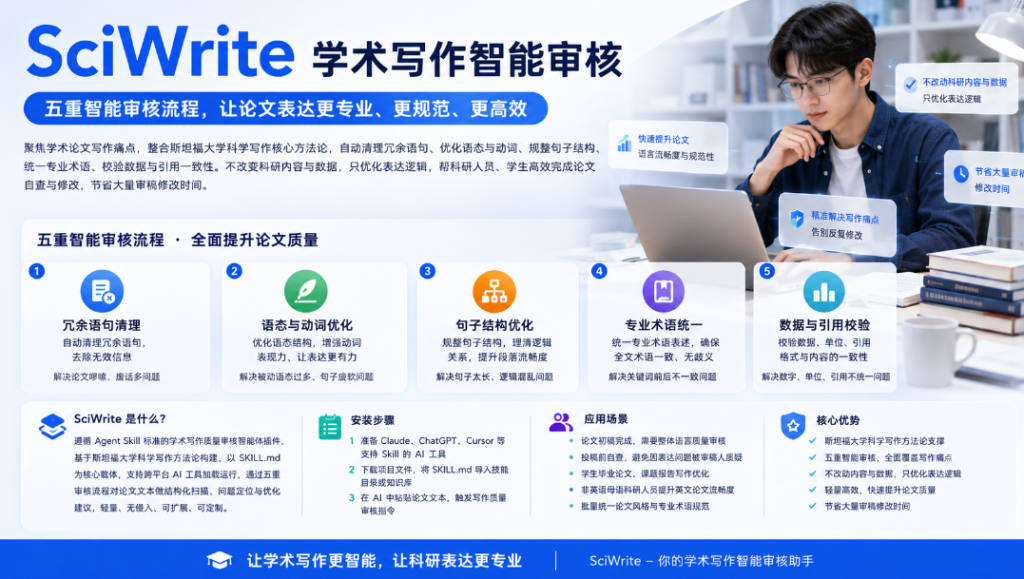 图片[1]-SciWrite学术写作智能审核 Skill 开源：斯坦福方法论加持，一键优化论文表达质量-新觅源码库